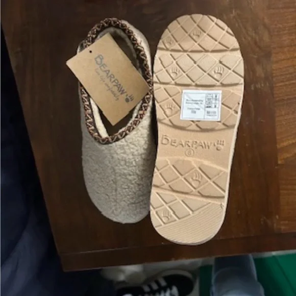 BearPaw Cream Sherpa Slip-On House Shoes with Brown Trim - Picture 4 of 4